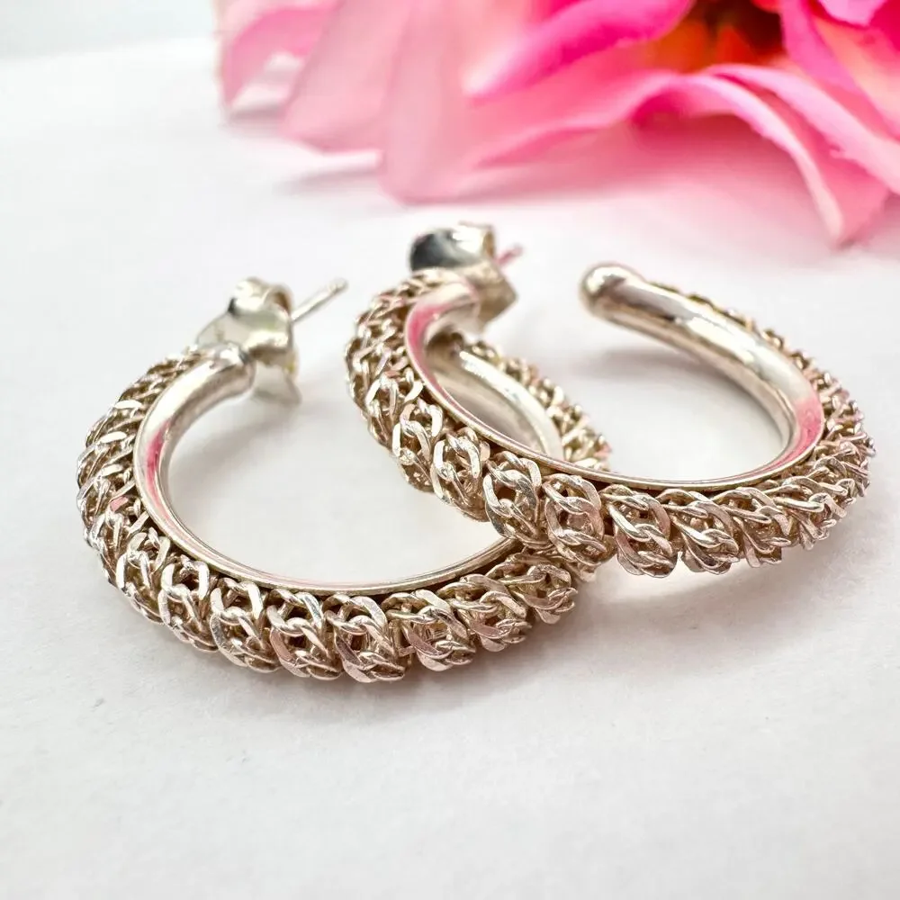 Italian 925 Sterling Silver Chain Hoop Earrings 1 1/8” Acid Tested Signed 6.86 g
